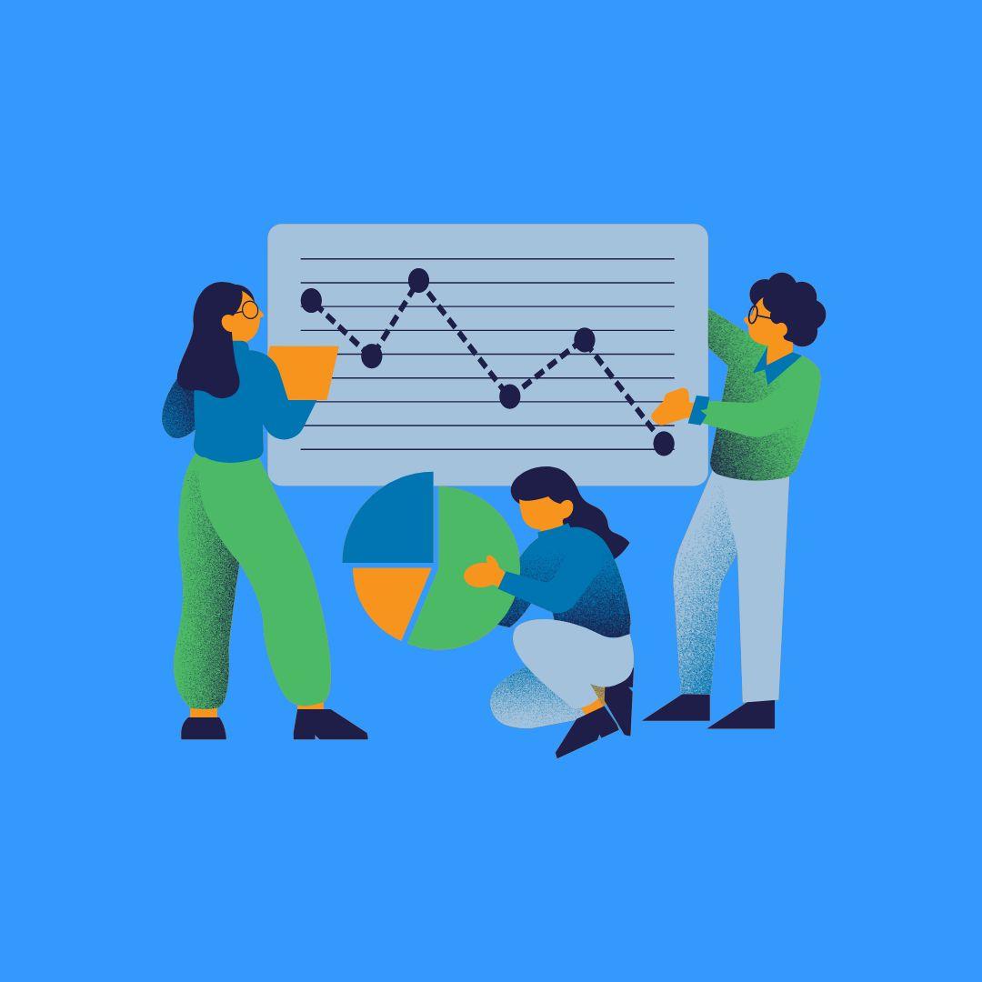 Illustratie van drie mensen die voor een grafiek staan met een lijn die fluctuaties in data weergeeft, naast een cirkeldiagram. Dit symboliseert het analyseren van concurrentiegegevens.