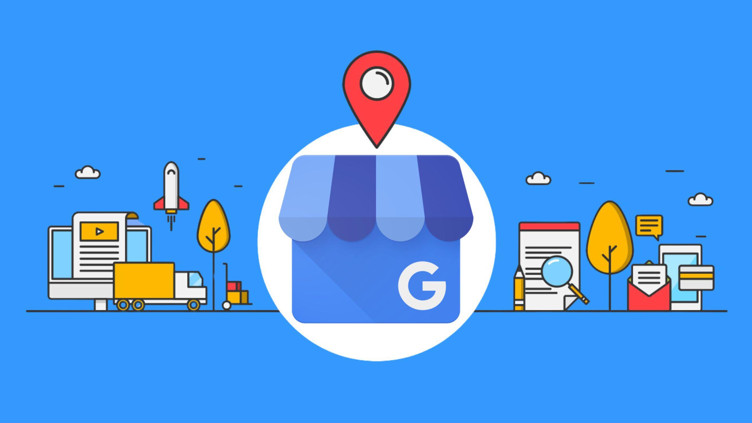 Illustratie van een Google Bedrijfsprofiel pictogram met een locatie-pin erop, omringd door elementen zoals vrachtwagens, pakketbezorging en een vergrootglas, die bedrijfsdiensten en zoekfunctionaliteiten vertegenwoordigen.